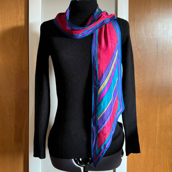 Slim Silk Scarf Fucsia Teal Yellow Violet EUC Jewel Tone Accent Liz Claiborne - Picture 1 of 5